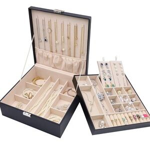 Jewelry Box for Women, 2 Layers Large Leather Jewelry Organizer Storage Case